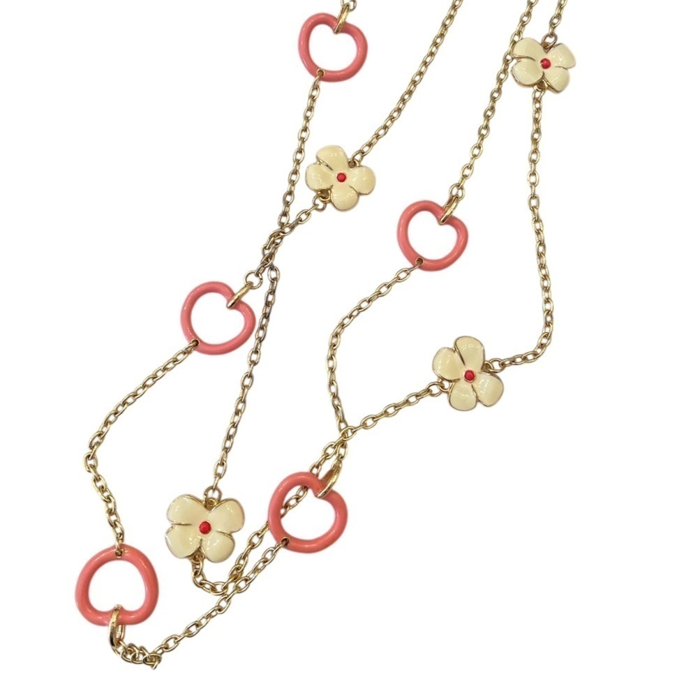 Lilly Pulitzer Gold Tone Necklace with Coral Pink Rings and Cream Flower Charms